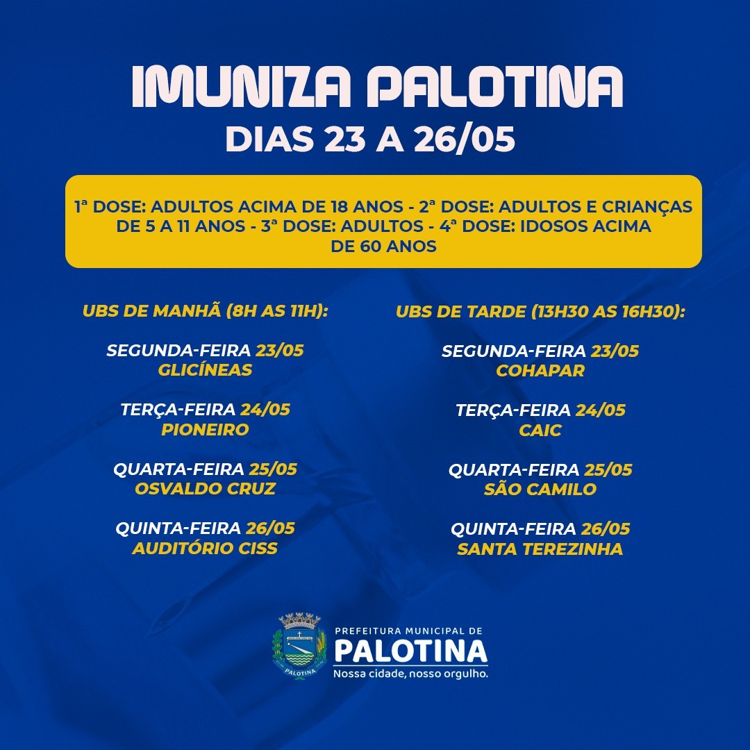 DE 23 a 26 DE MAIO Saúde divulga calendário de vacinação contra a covid-19