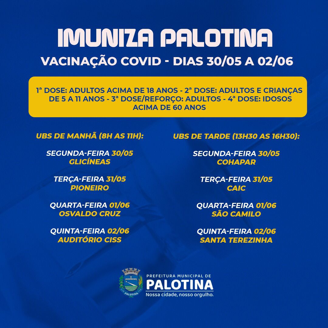 DE 30/05 a 02/06 Saúde divulga calendário de vacinação contra a covid