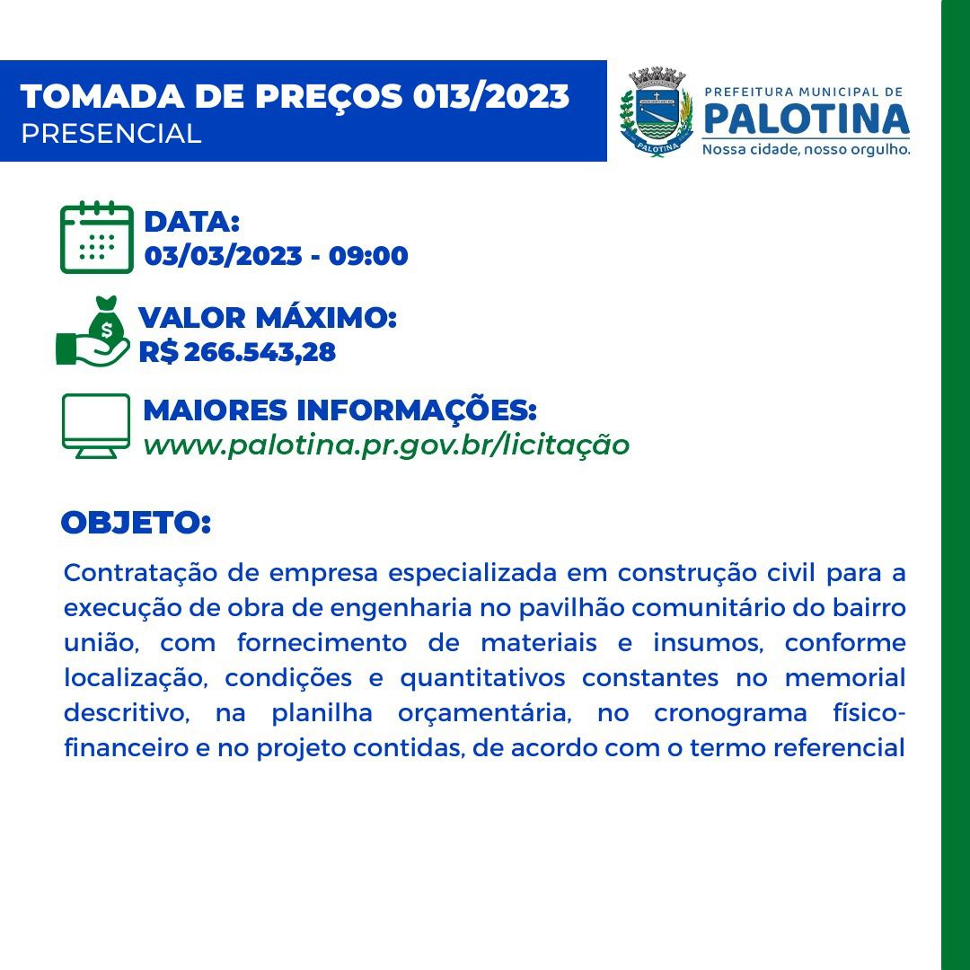 PREFEITURA DE PALOTINA Acompanhe a agenda de Licitações