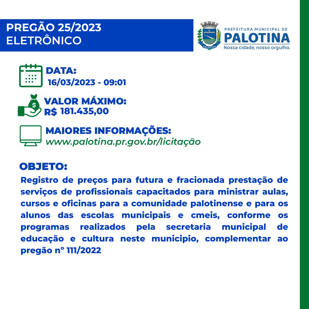 PREFEITURA DE PALOTINA Acompanhe a agenda de Licitações
